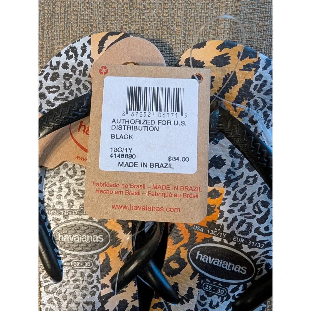 NEW Havaianas Kids Animal Print Flip Flops Black Leopard Cheetah 13C/1Y
